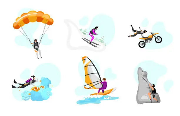 Vector illustration of Extreme sport flat vector illustrations set. Parachuting, hang gliding. Surfing, scuba diving. Downhill skiing. Rock climbing. Motorcycle stunts. Outdoor activity isolated cartoon characters