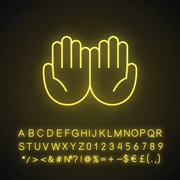 Vector illustration of Cupped hands neon light icon