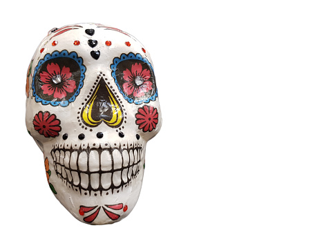 Day of The Dead colorful skull isolated on white background with copy space