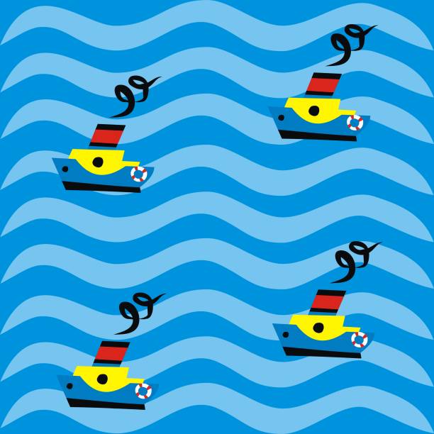 лодки на синем полосатом фоне, векторная иллюстрация - color image colored background nautical vessel sea stock illustrations
