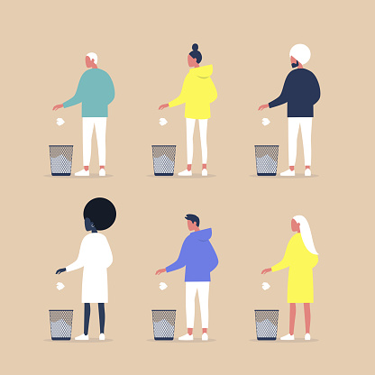 Mistakes at work, a set of characters of different genders and races throwing out paper in a trash bin
