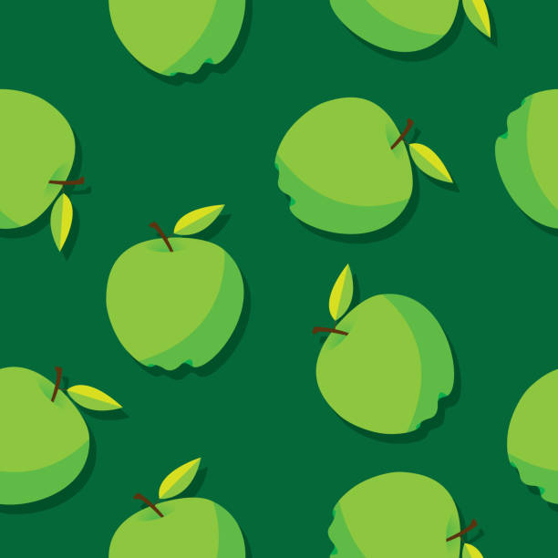 ilustraciones, imágenes clip art, dibujos animados e iconos de stock de patrón de manzana verde plano - apple granny smith apple green leaf