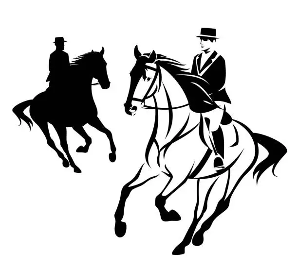 Vector illustration of horse and rider during equestrian sport competition black and white vector design