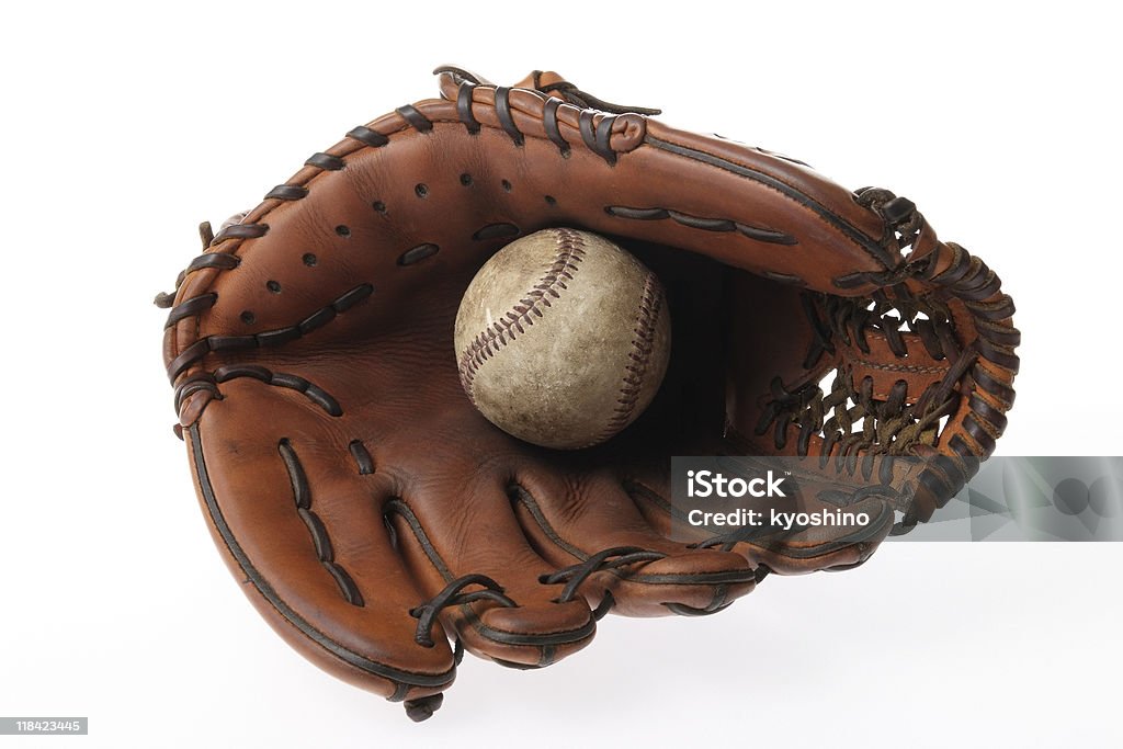 絶縁ショットの野球グローブ、ボールは白色の背景 - つかまえるのロイヤリティフリーストックフォト