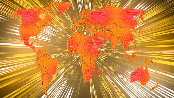 세계지도. 회로 기판. 기술 배경. 3d 일러스트레이션 - globe earth speed world map 뉴스 사진 이미지