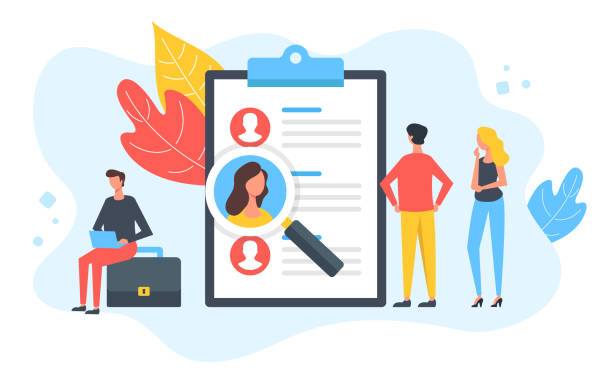Human resources. People and clipboard with job candidates list and magnifying glass. Employment, job search, hiring, recruitment, recruiting, hr concepts. Modern flat design. Vector illustration Human resources. People and clipboard with job candidates list and magnifying glass. Employment, job search, hiring, recruitment, recruiting, hr concepts. Modern flat design. Vector illustration recruitment illustrations stock illustrations