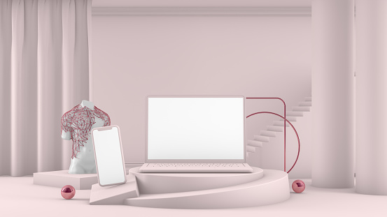 3d rendering of Empty Laptop and Smartphone Screen in pink color room with  curtain, architectural columns and staircase. Copy space for the advertisement messages.