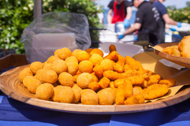 Close up of olive ascolane, fried food on tray