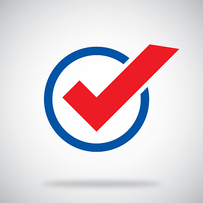 Vector illustration of a red checkmark in a blue circle against a grey background.