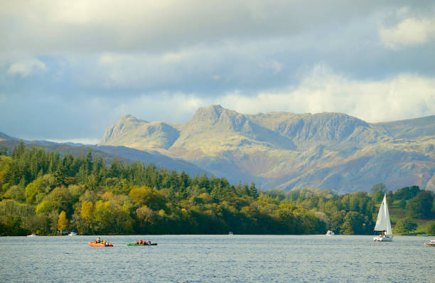 Team all rowing together on the Derwent Water cheering each other on.