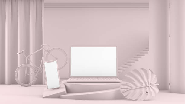 istock 3D Empty Laptop and Smart Phone Screen with Staircase, Platform in Pink Room 1184243495
