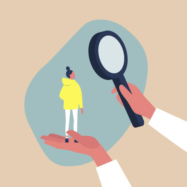 Looking for employee, HR management metaphor - a female  character scaled up under a magnifying glass Looking for employee, HR management metaphor - a female  character scaled up under a magnifying glass exploration illustrations stock illustrations