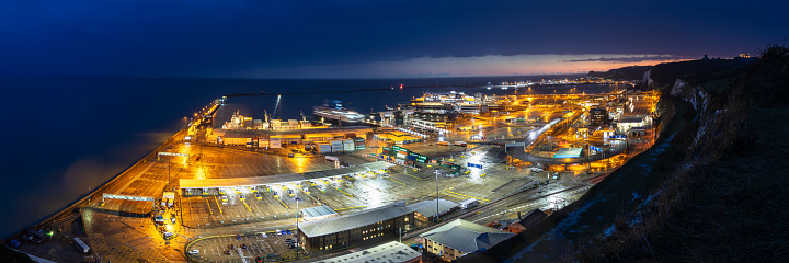 Panorama of the Port of Dover is a cross-channel port connecting the United Kingdom and France and one of the world's busiest passenger ports.