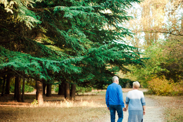 istock Pensioners walk in the park. Happy old age. 1184264482