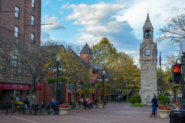 Corning, New York, 2019: Built of Antrim stone found locally, the clock tower in Centerway Square is a memorial to Erastus Corning, for whom the City of Corning is named.
