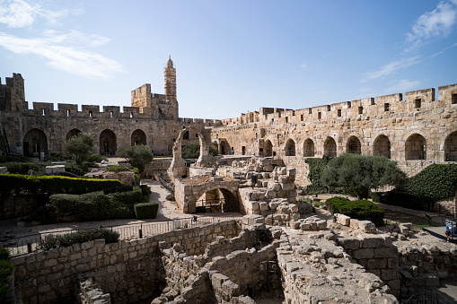 Jerusalem, Israel picturesque view of the Tower of David. View inside the fortress. Tthe Jerusalem Citadel shot at day time. An ancient citadel located in the Old City of Jerusalem. Archeology.