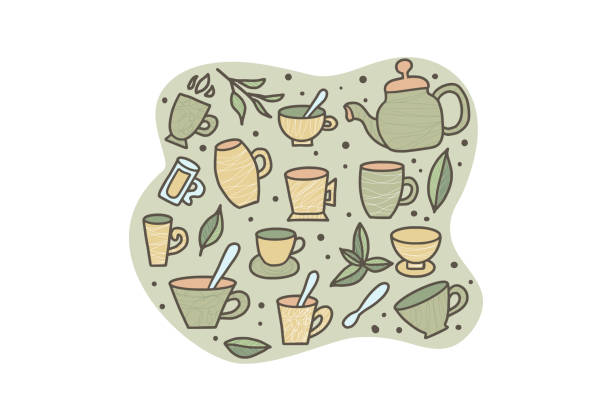 ilustrações de stock, clip art, desenhos animados e ícones de tea set. cups and teapots. vector illustration. - hot chocolate cup chai heat