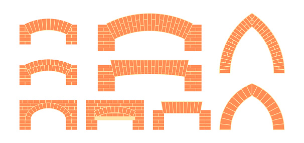 Brick archs set. Masonry icons in flat style. Vector illustration on a white background.