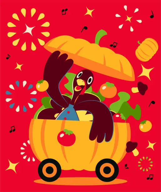 Vector illustration of Smiling turkey in a big pumpkin vehicle for Thanksgiving Day Parade