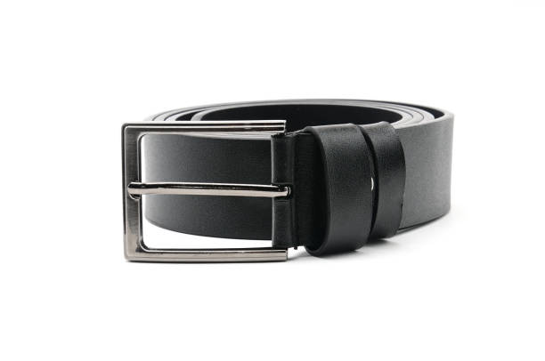 istock Black belt with a metal fastener on a white background 1184272242