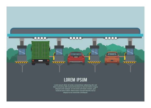 illustrazioni stock, clip art, cartoni animati e icone di tendenza di gruppo di veicoli che entrano nel cancello autostradale. sfondo silhouette foresta. illustrazione semplice. - toll booth