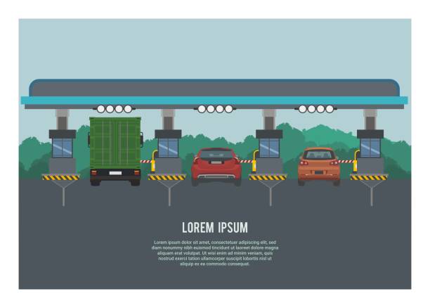 группа транспортных средств, въезжающих в ворота шоссе. лесной силуэт фона. простая иллюстрация. - toll booth stock illustrations