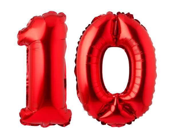 Number 10 of red foil balloon Number 10 of red foil balloon isolated on a white background 10 balloon stock pictures, royalty-free photos & images