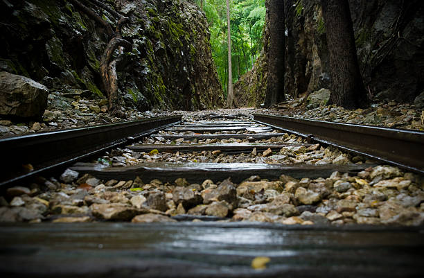 The end of railway tracks in Hellfire Pass, Thailand. This pass is part of the infamous Death Railway, built by Allied POWs and conscripted Asian laborers during World War II.