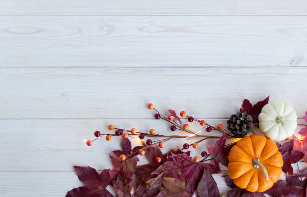 istock Pumpkins and Fall leaves on wood 1184282466