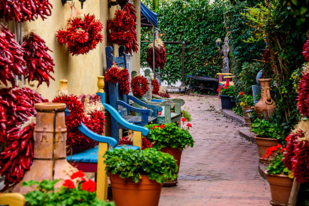 Peppers and Benches Peppers and Benches in Old Town Albuquerque, New Mexico. historic district stock pictures, royalty-free photos & images