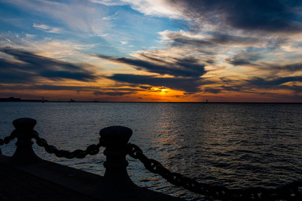 The sun sets on Lake Erie in Cleveland, Ohio.
