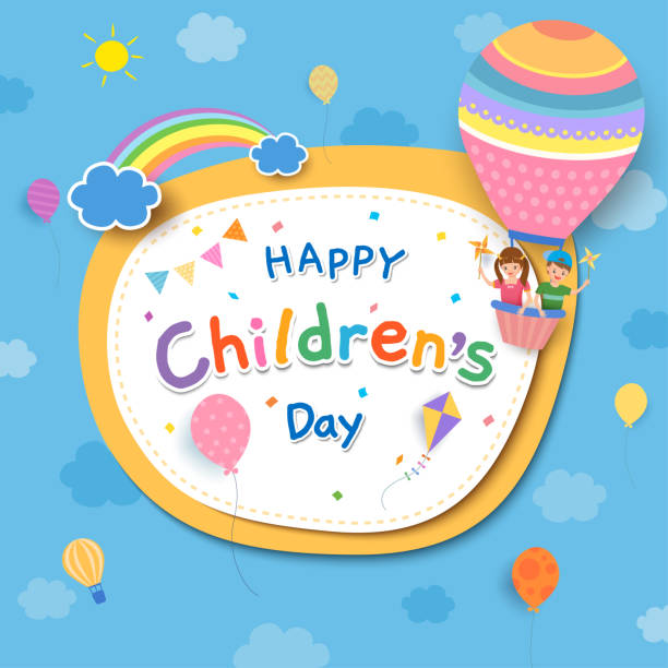 children-day-balloon Children's Day with boy and girl on balloon and rainbow on blue sky background. play day stock illustrations