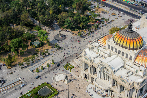 Mexico City, Mexico January 17, 2015. Aerial view of the Palace of Fine Arts and the Alameda, in the center of Mexico City. The Alameda Central is a public park of the Historic Center of Mexico City and by its antiquity 1592, it is classified as the oldest public garden in Mexico and America, it was inspired by the Alameda de Hercules of the city of Seville, public garden Created in 1574 and the oldest in Spain and Europe.