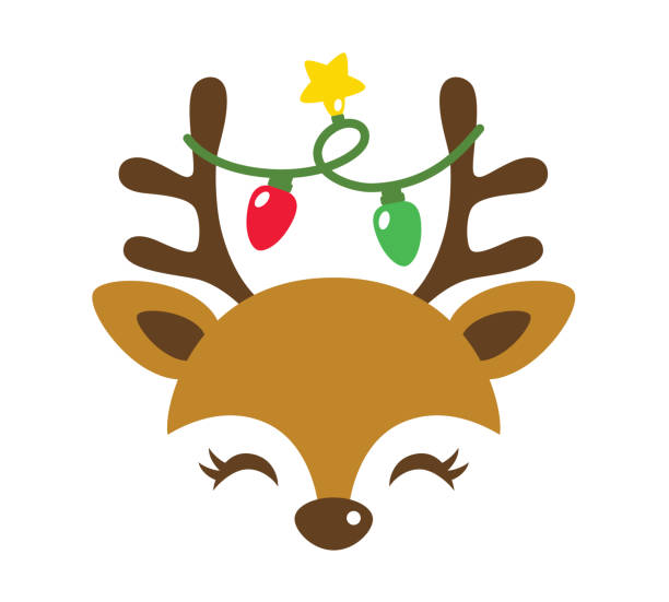 ilustraciones, imágenes clip art, dibujos animados e iconos de stock de lindo reno navideño con luz de navidad decorativa - reindeer