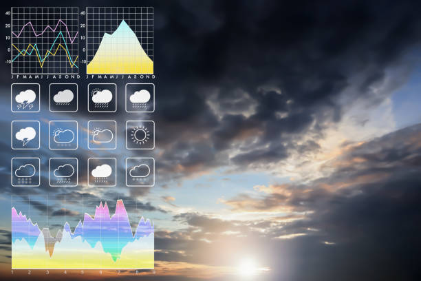 istock Weather forecast symbol data presentation with graph and char of dramatic atmosphere panorama view of beautiful sunset sky and clouds in summer. 1184288792