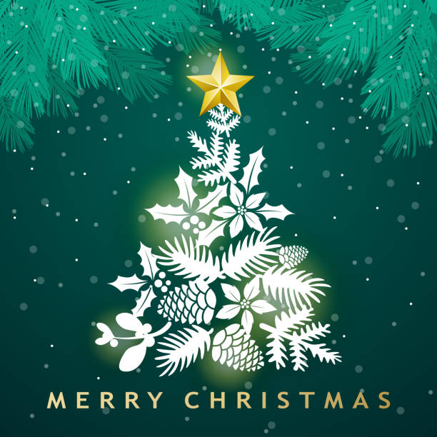 weißer weihnachtsbaum mit kiefernblättern - christmas gold green backgrounds stock-grafiken, -clipart, -cartoons und -symbole