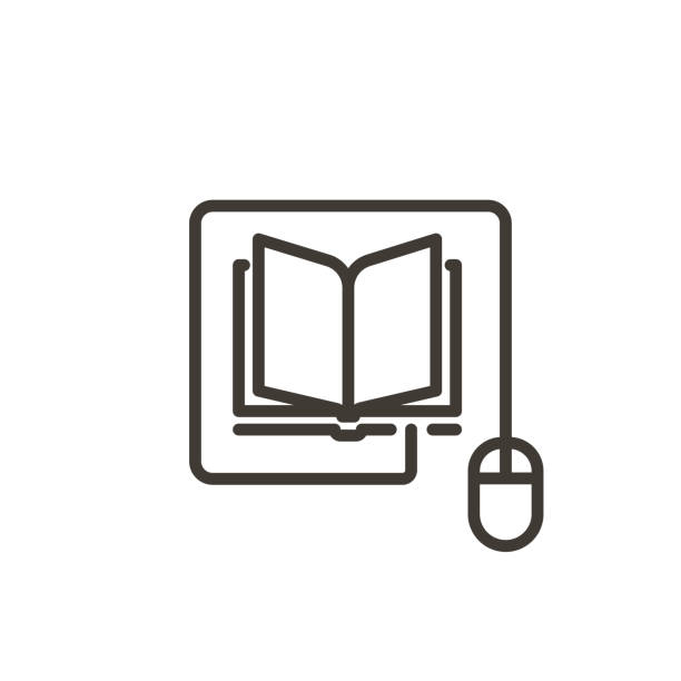 ilustraciones, imágenes clip art, dibujos animados e iconos de stock de ratón conectado a un icono de libro. ilustración de línea delgada vectorial de moda para conceptos de lectura en línea, e-learning, educación en línea, artículos y sitios web de noticias - library