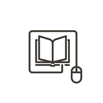 istock Mouse connected to a book icon. Trendy vector thin line illustration for concepts of online reading, e-learning, online education, articles and news websites 1184299091