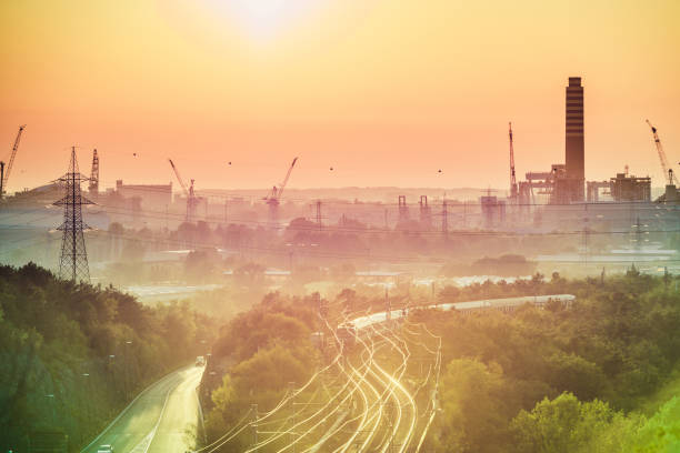 Sunset on an industrial area in the city