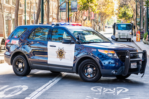 Oct 20, 2019 San Jose / CA / USA - San Jose police car blocking a street in the downtown area, and providing support during an event