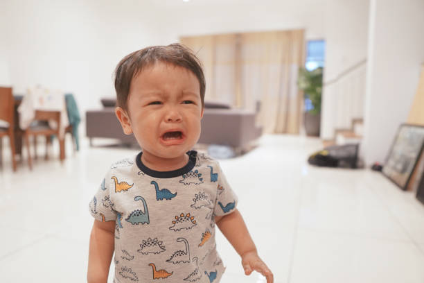 Close-up photo of an 18 months old boy having a meltdown and crying inconsolably. stock photo