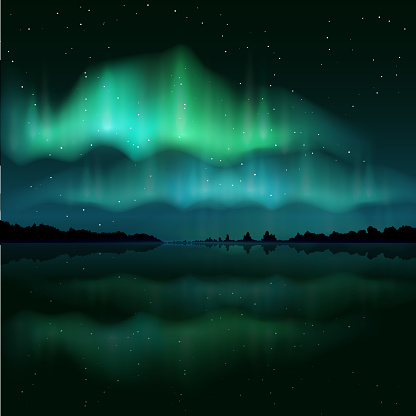 Beautiful colored northern lights, realistic aurora borealis, vector illustration. Night sky and amazing polar lights for poster, banner etc.