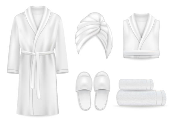 Spa clothing mock up set, vector illustration Spa apparel clothing mock up set, vector illustration isolated on white background. Realistic hand drawn terry fluffy towel, slippers, luxurious bathrobe for spa baths. washcloth stock illustrations