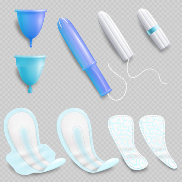 Feminine hygiene product set, vector isolated illustration Feminine hygiene products, vector illustration isolated on transparent background. Menstrual cup, tampons, pads or sanitary napkins. maxi length stock illustrations