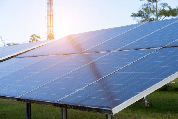 istock Panel of solar cell power with sky background, green clean, alternative power energy concept. 1184308065