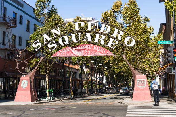Entrance to San Pedro Square, historic neighborhood of San Jose, California Oct 20, 2019 San Jose / CA / USA - Entrance to San Pedro Square, historic neighborhood of San Jose, a popular dining and entertainment destination and the place of a weekly Farmers' Market san pedro los angeles photos stock pictures, royalty-free photos & images
