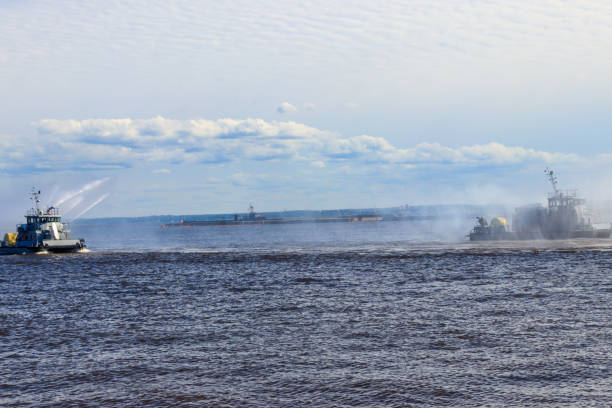 istock Extinguishing a burning ship during naval exercises 1184312699