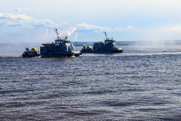 istock Extinguishing a burning ship during naval exercises 1184312700