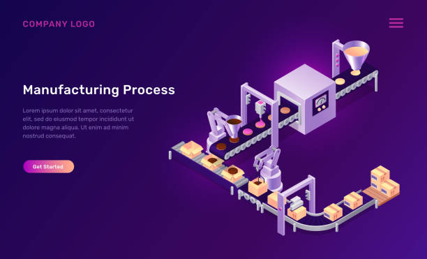 ilustraciones, imágenes clip art, dibujos animados e iconos de stock de concepto isométrico de cookies de proceso de fabricación - purple belt