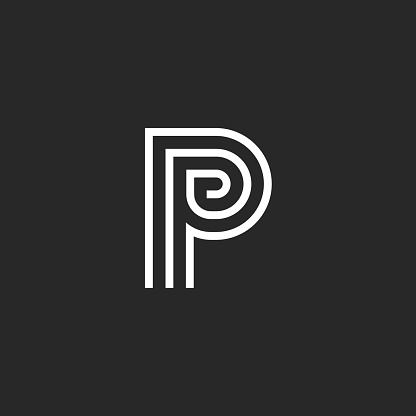 Capital letter P logo monogram, minimalist style creative typography mark, parallel black and white lines linear emblem
